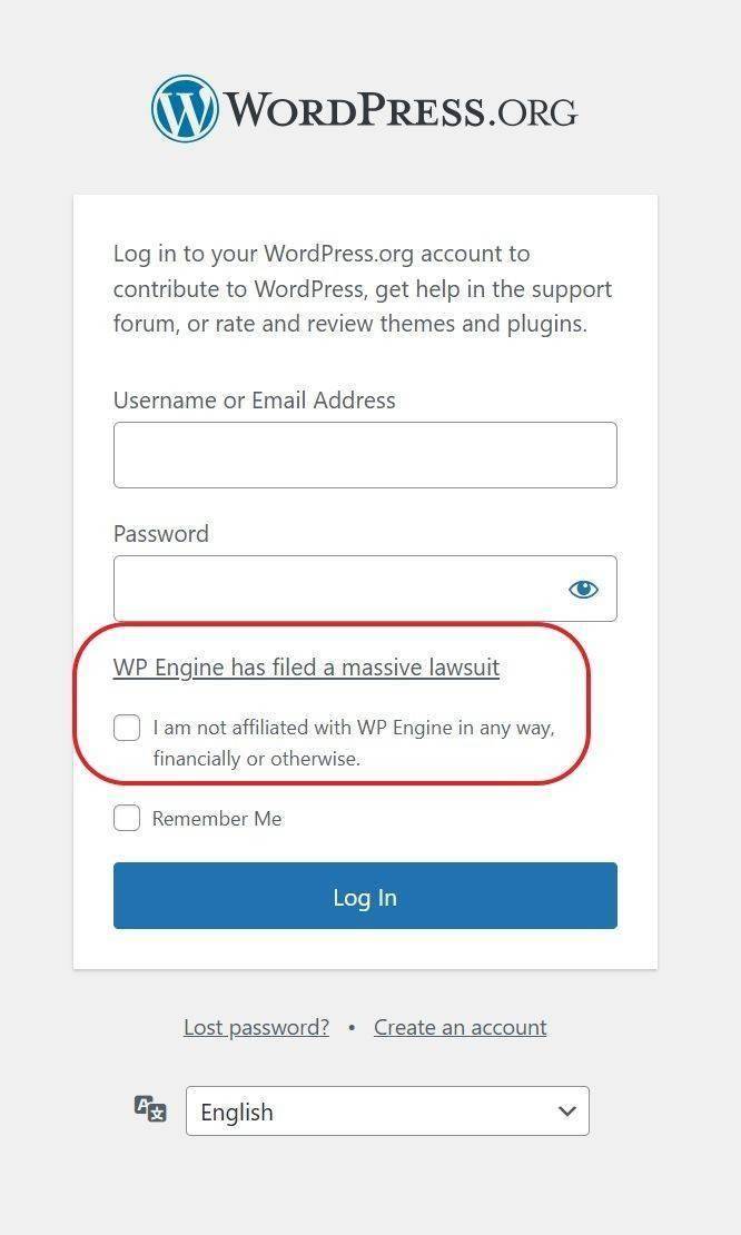 WordPress.org 登陆页面加入 WP Engine 非隶属关系声明